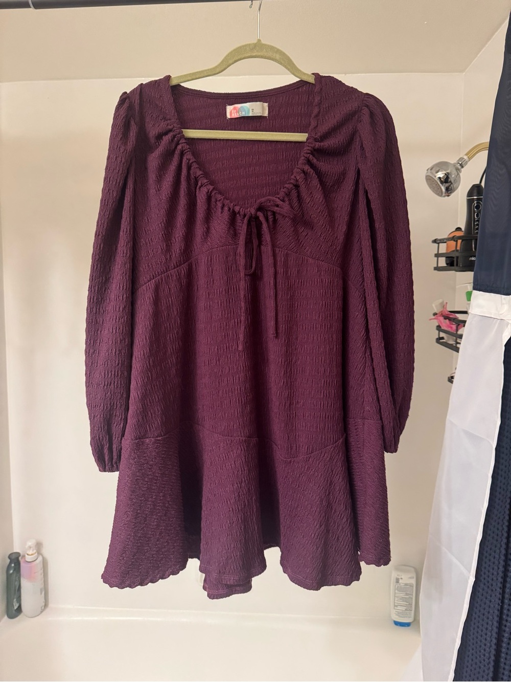 Smocked Tie-Neck Tunic Dress in Deep Plum